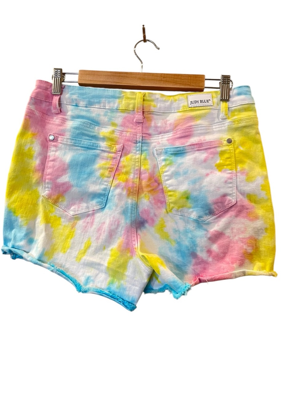 Judy Blue Women’s Shorts Colorful Tie Dye Denim Raw Hem High Rise Stretch Large